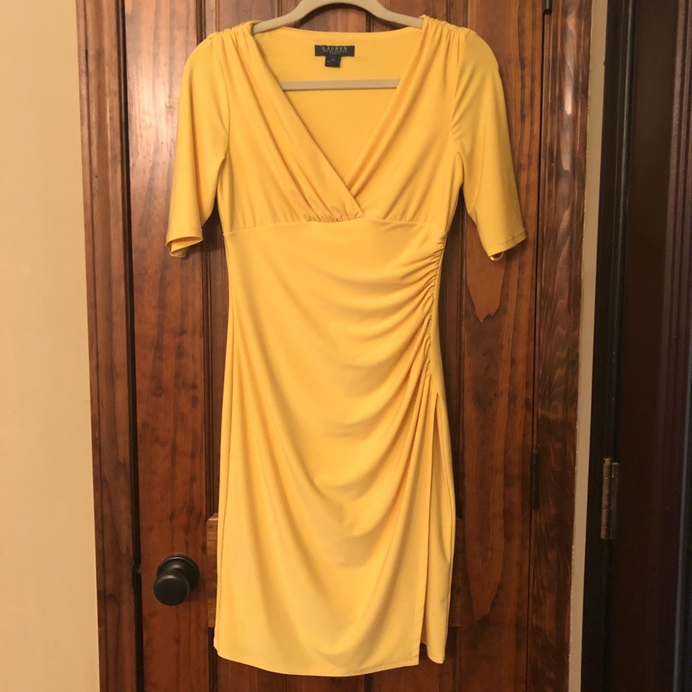Bold yellow Lauren Ralph Lauren faux wrap dress